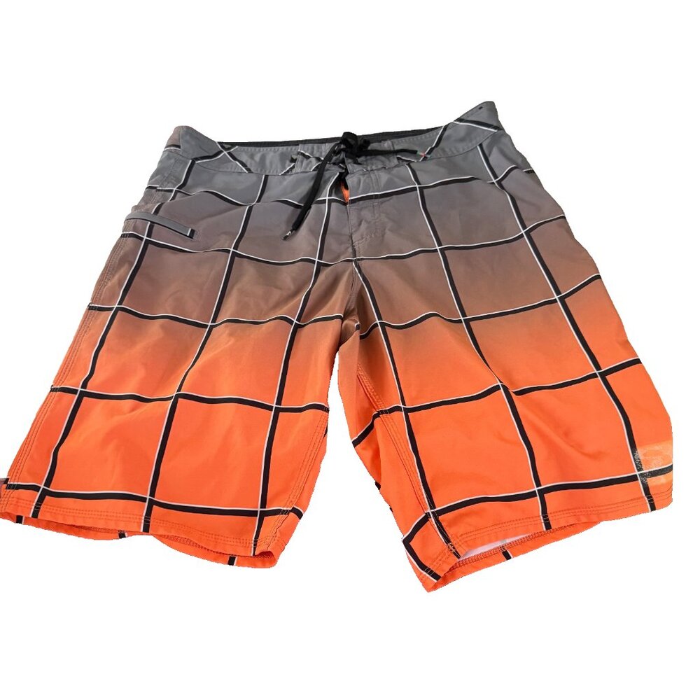 Quiksilver Mens Y2K Board Shorts Sz 34 Gray Orange Ombre Swim Trunks Surf Skate
